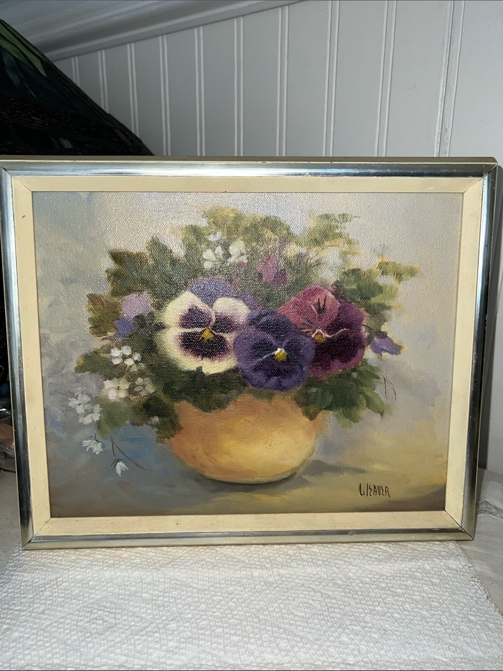 Vintage Oil Painting Pansies in a vase signed 11.5” x 9.5”
